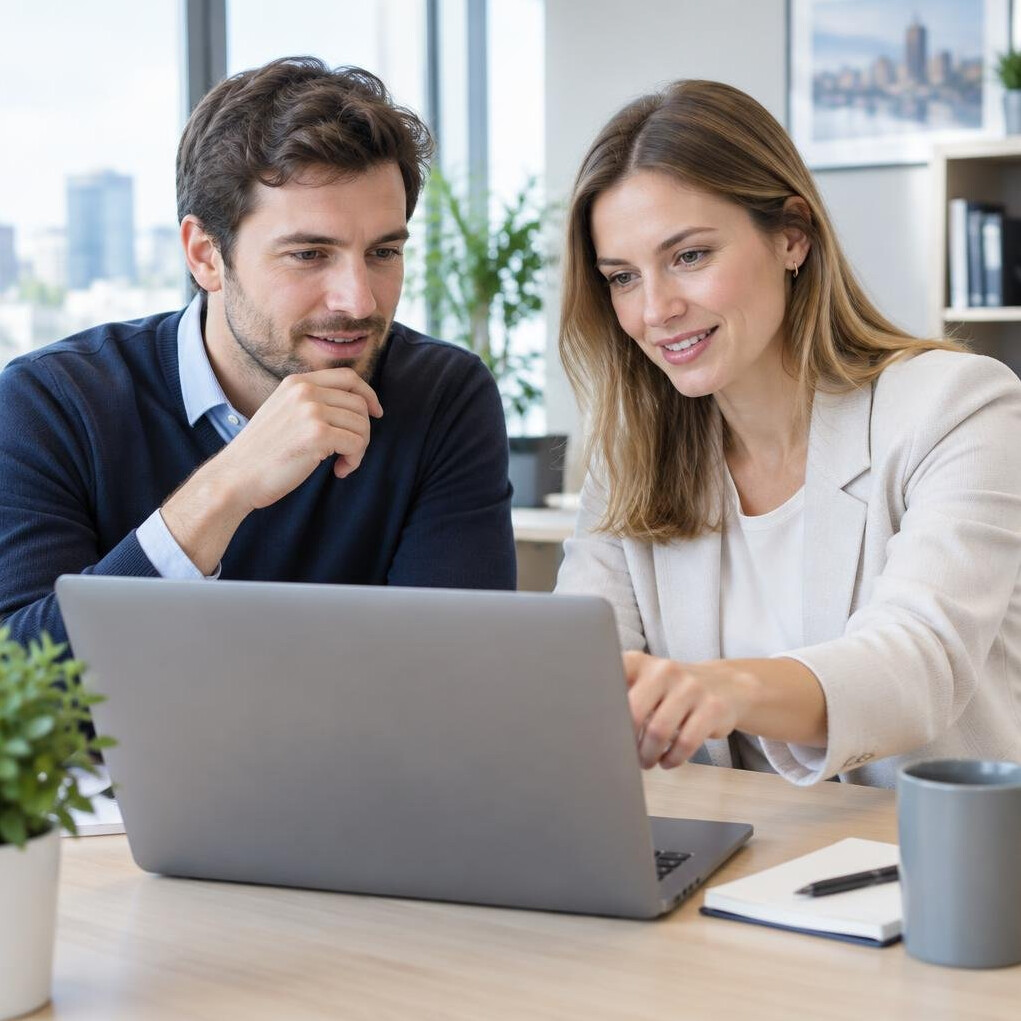 Two colleagues collaborating at a laptop in a modern office
