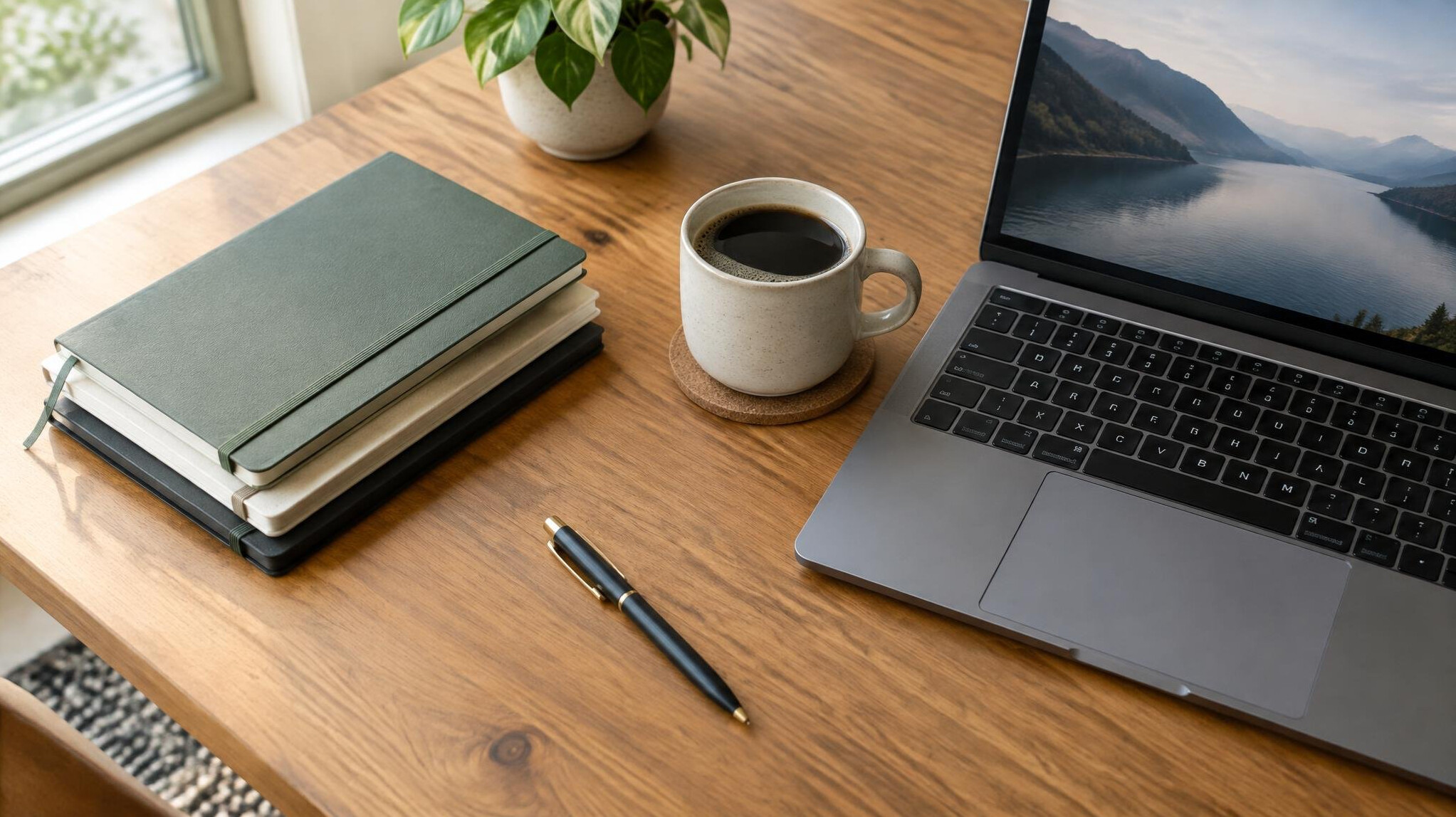 Stack of notebooks and a laptop on a wooden desk with coffee