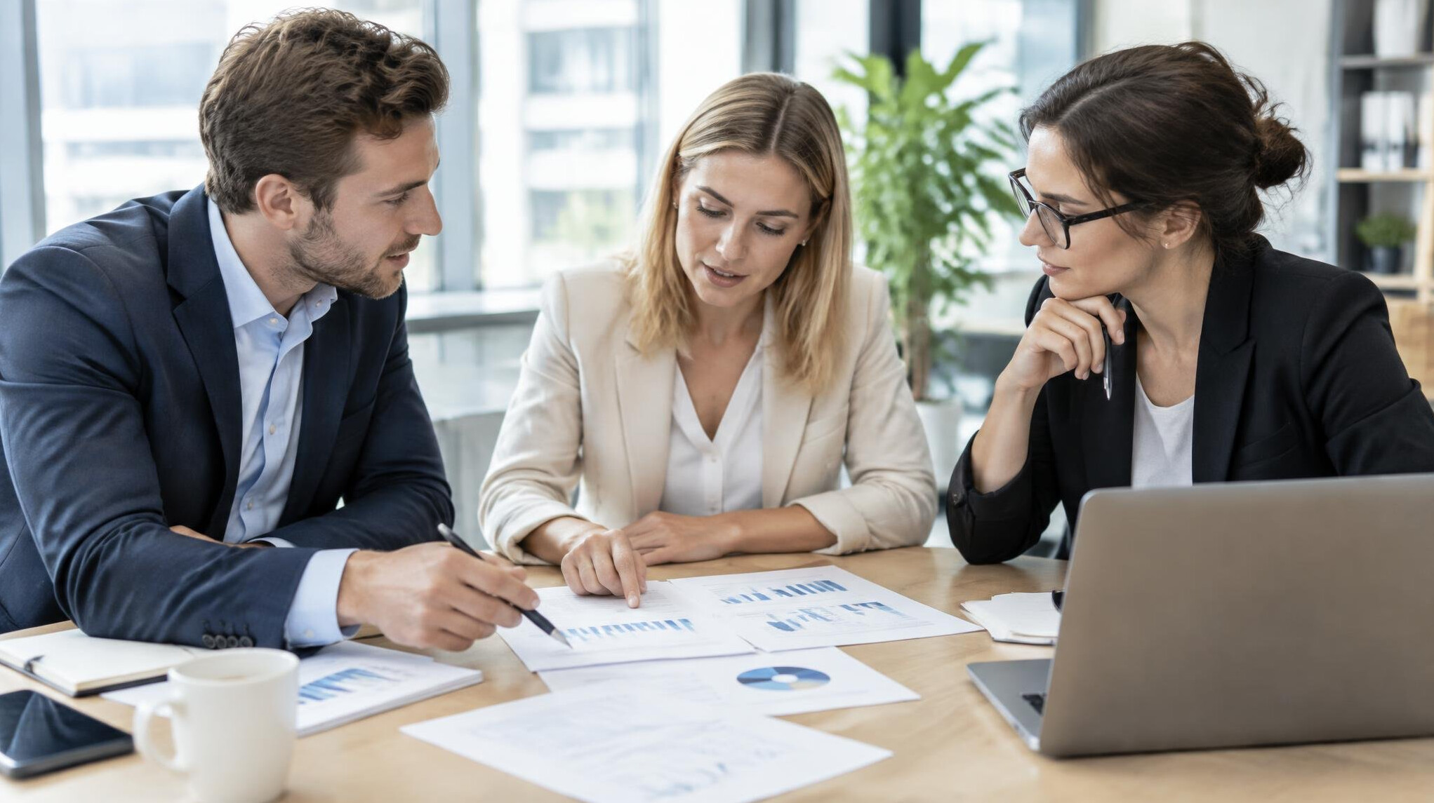Group of professionals reviewing documents and charts at a table