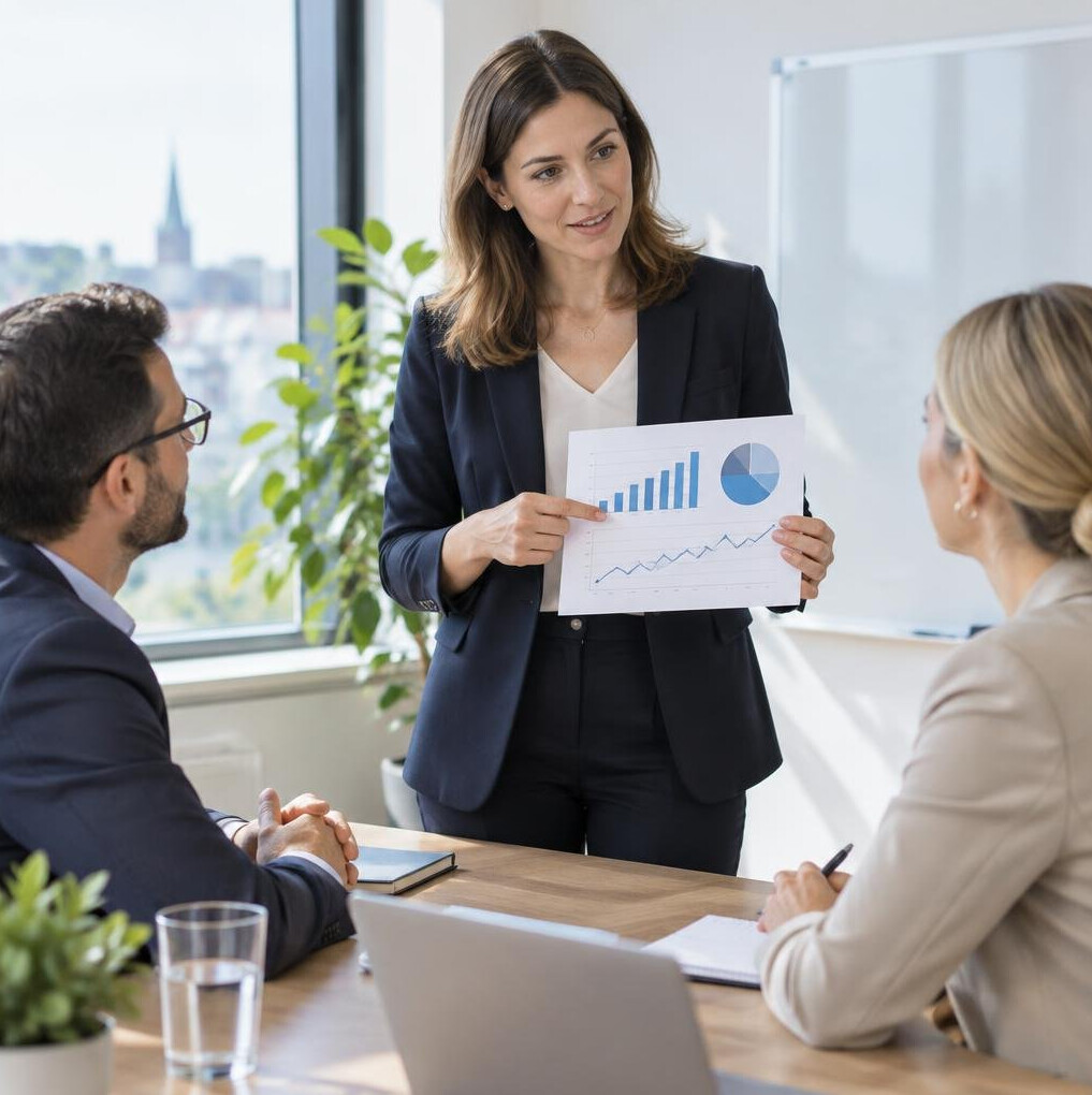 Business professional presenting a data chart to colleagues