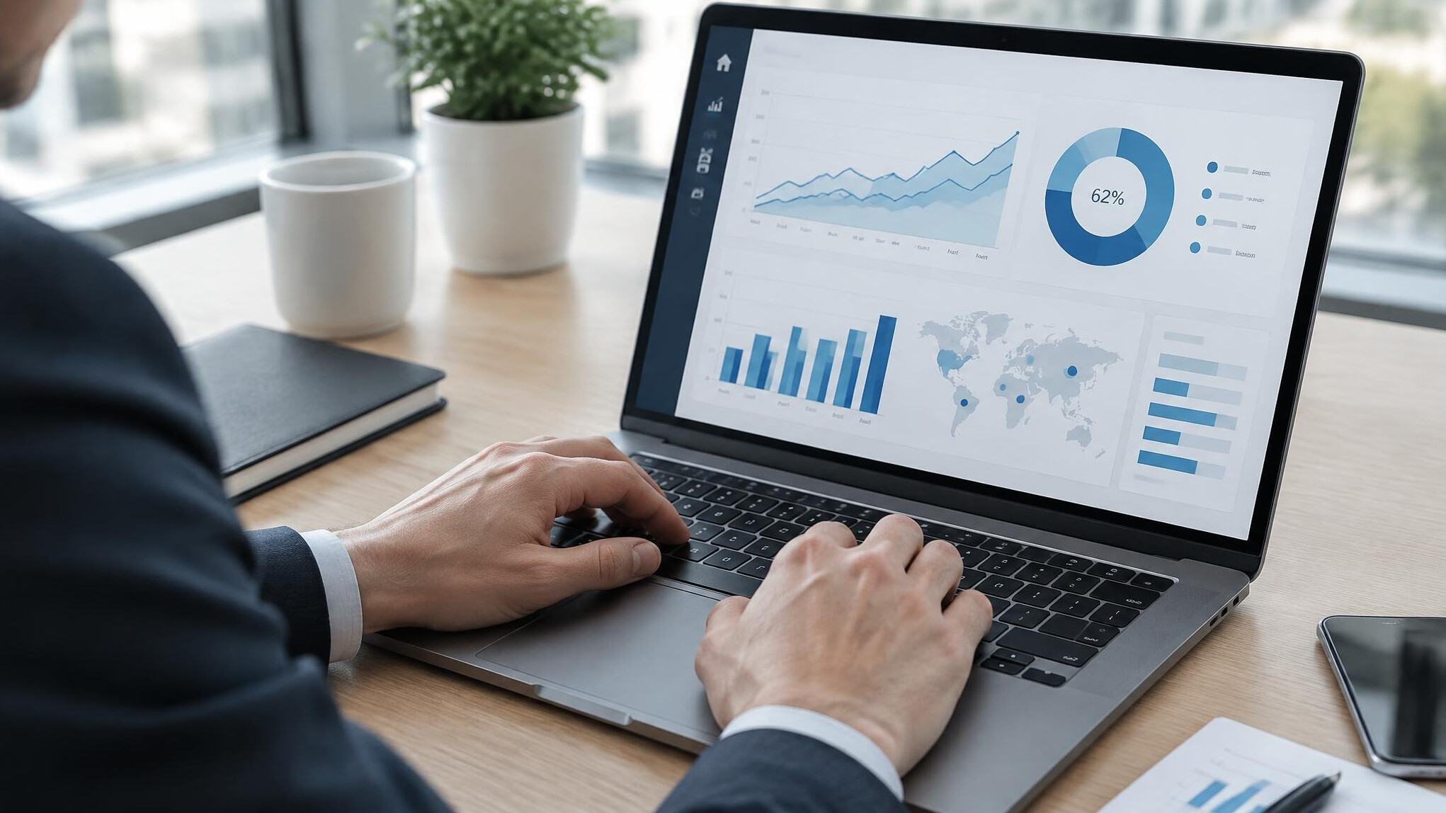 Close-up of hands typing on a laptop with business charts on screen