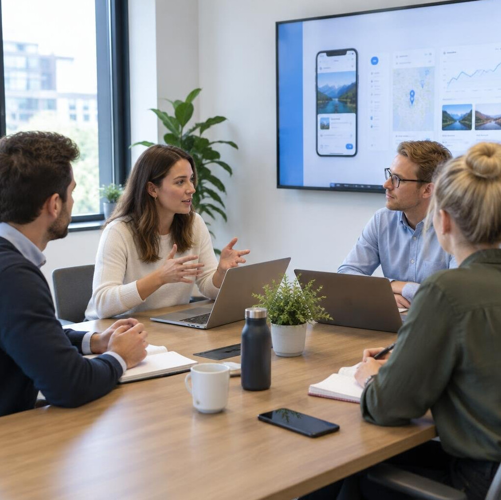 Diverse team discussing a digital project in a meeting room
