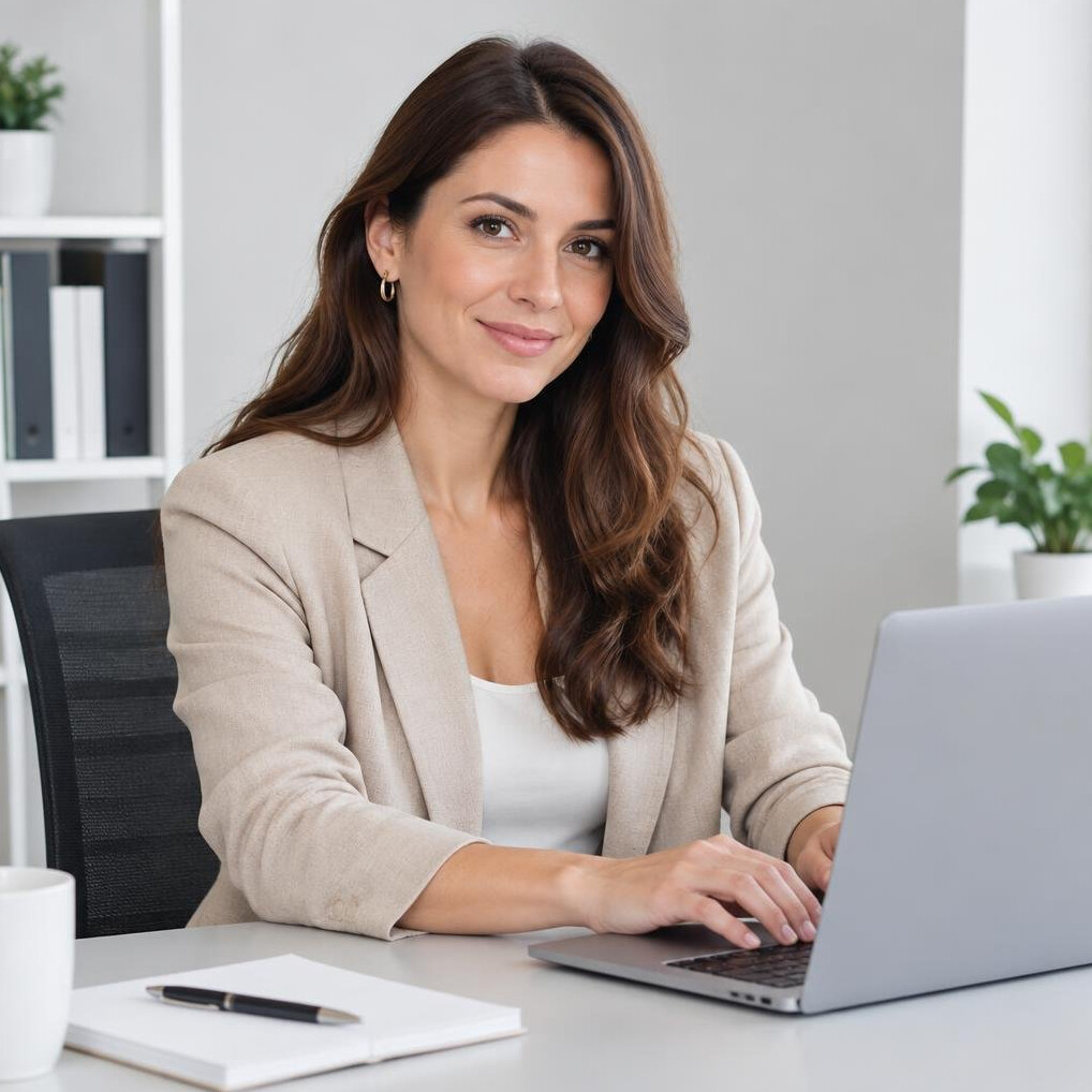 Professional woman working on a laptop in a modern office
