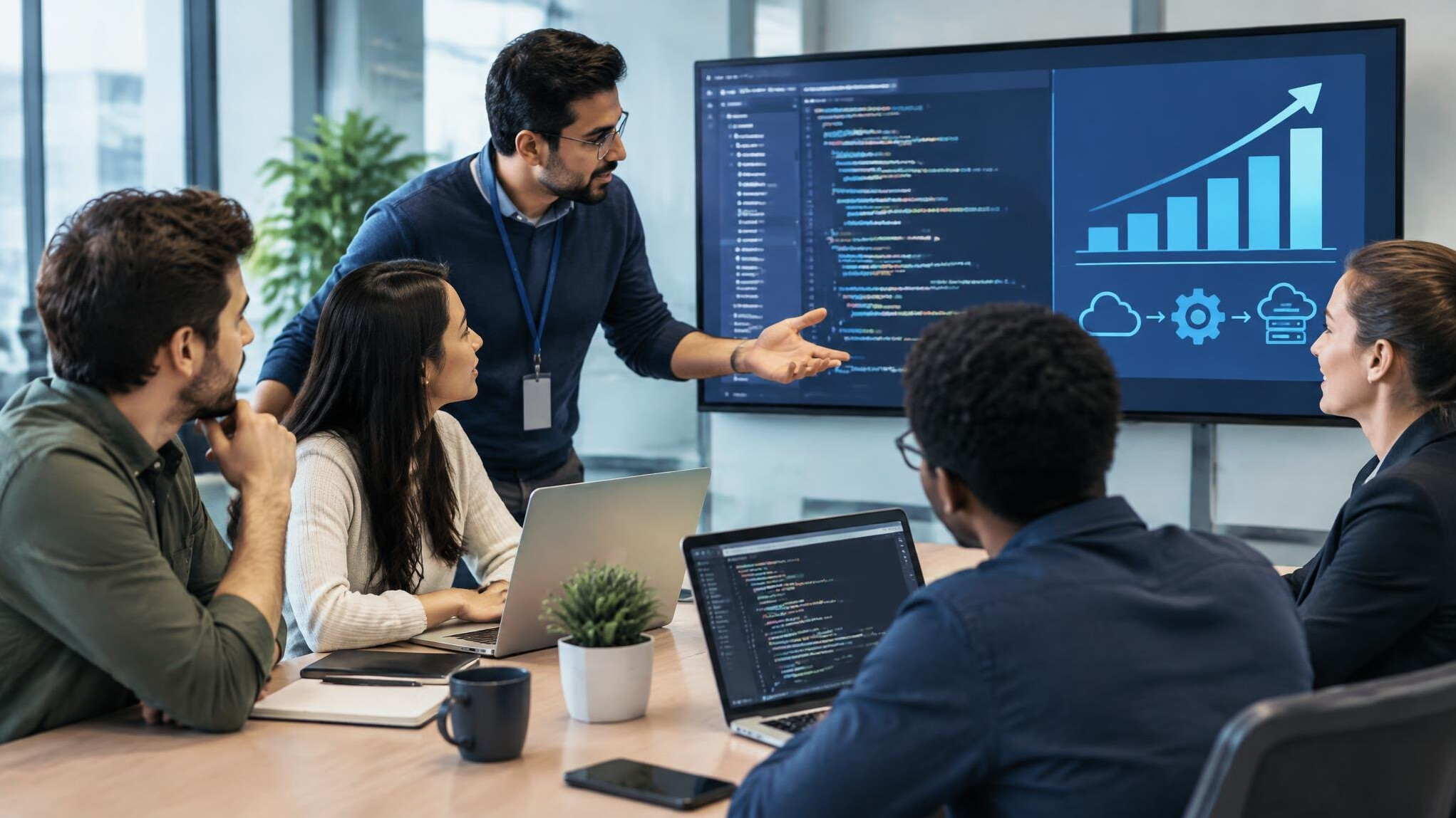 business team discussing software