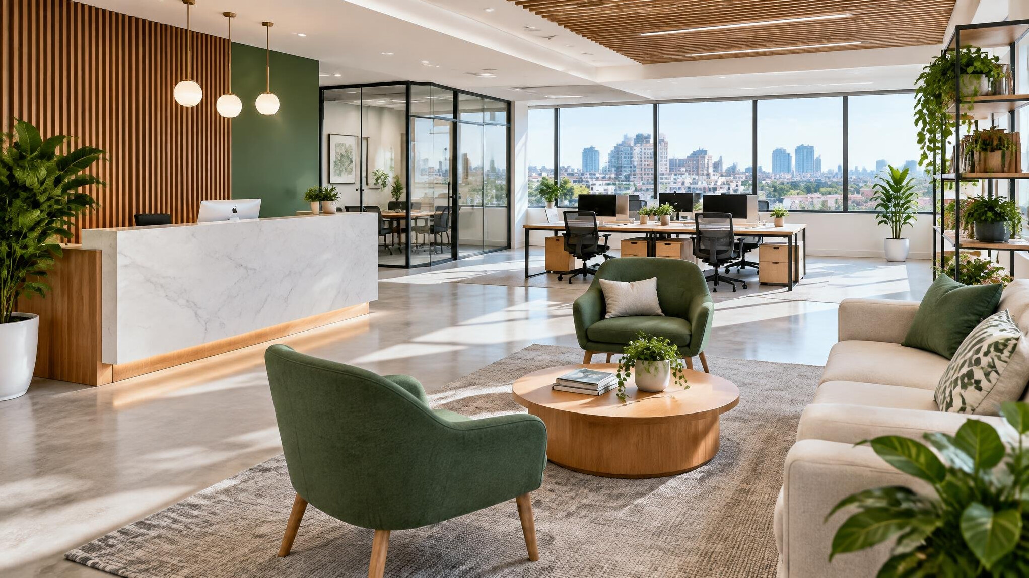 Bright modern office reception and workspace area